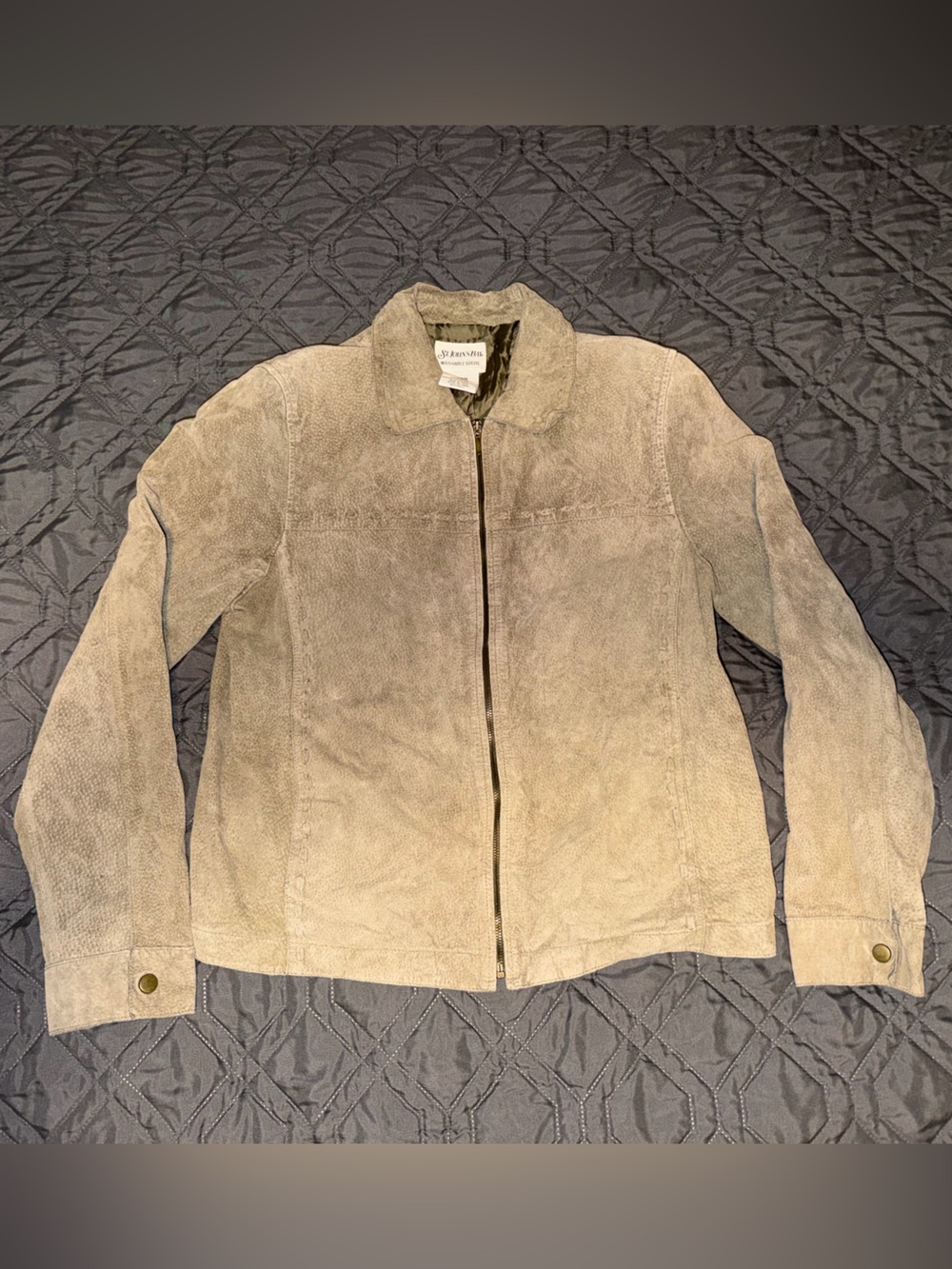 St John's Bay Washable Suede Jacket Size Medium Green Leather Coat Pockets